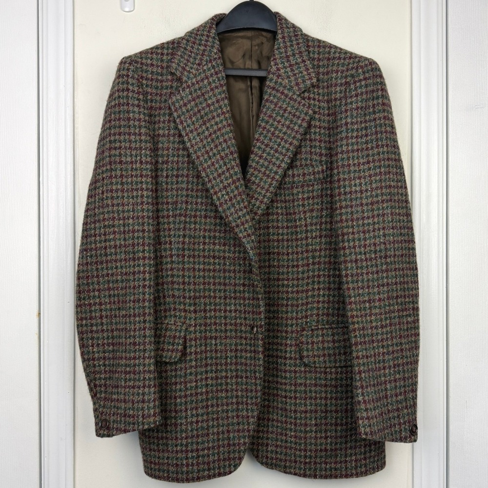 VTG Burleigh HARRIS TWEED Blazer Men 42 Wool Sport Coat Jacket Brown Check *read - Picture 2 of 12